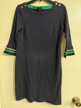 Talbots Navy Shift Dress with Green Trim and Gold Buttons